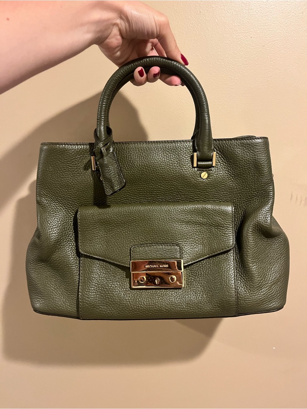 Michael Kors Olive Green Pebbled Leather Satchel with Gold Hardware
